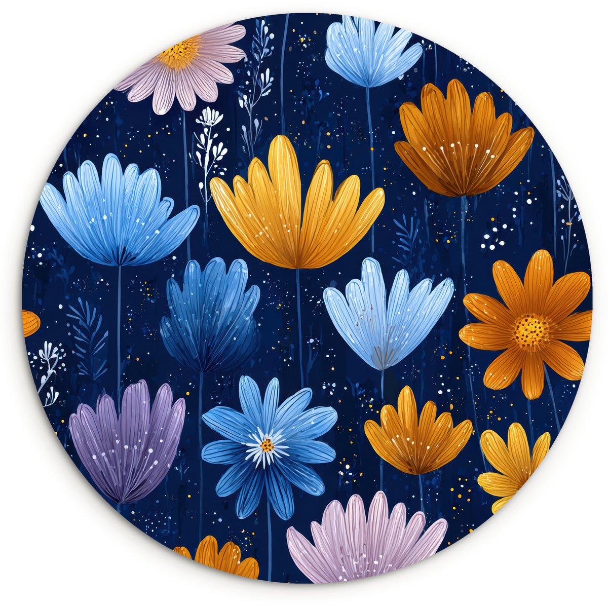 WallCircle Wandcirkel 30x30 cm - Muurcirkel Bloemen - Patroon - Blauw - Contrast - Muurdecoratie woonkamer - Wanddecoratie slaapkamer - Kamer decoratie accessoires - Ronde schilderijen Bloemen - Patroon - Contrast