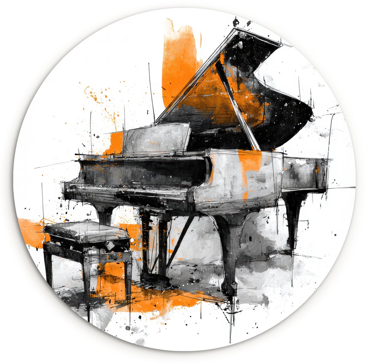 WallCircle Wandcirkel 120x120 cm - Muurcirkel Piano - Oranje - Zwart - schets lijnen - Muurdecoratie woonkamer - Wanddecoratie slaapkamer - Kamer decoratie accessoires - Ronde schilderijen