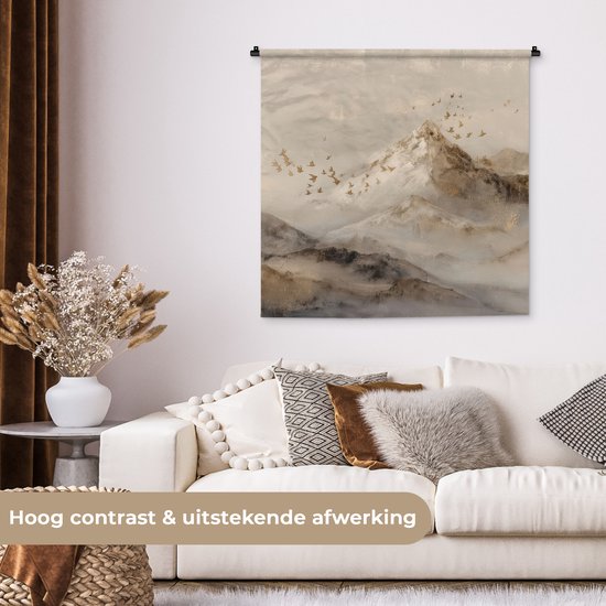 Wandkleed 90x90 cm - Wanddoek Berglandschap - Mist - Penseelstreken - Wandtapijt - Wandkleden