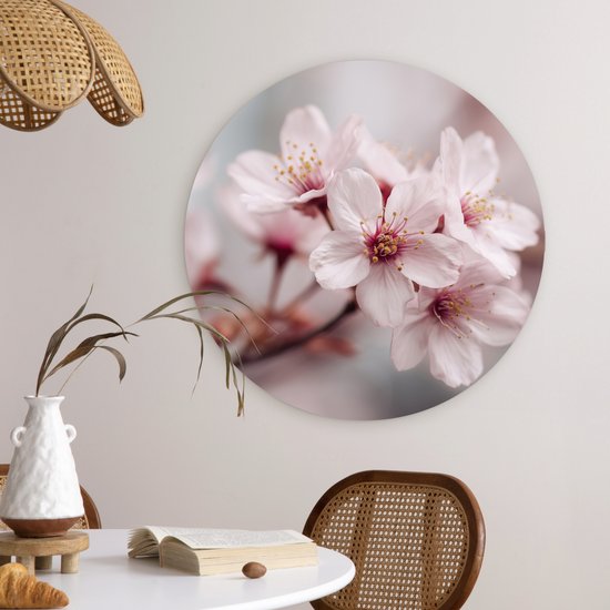 WallCircle® Wandcirkel 60x60 cm - Muurcirkel Bloesems - Meeldraden - Geel - Wazig - Muurdecoratie woonkamer - Wanddecoratie slaapkamer - Kamer decoratie accessoires - Ronde schilderijen
