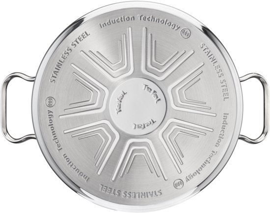Bodem van een RVS pan met 'Induction Technology' en Tefal logo.
