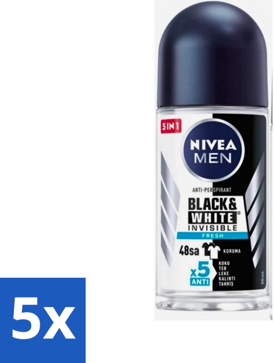 5 x Nivea - Men - Deodorant - Roller - Black & White Invisible Fresh - 50 ml - Deodorant Roller - Anti-vlekken - 48 Uur Bescherming - Zweet En Geur - Huidvriendelijk