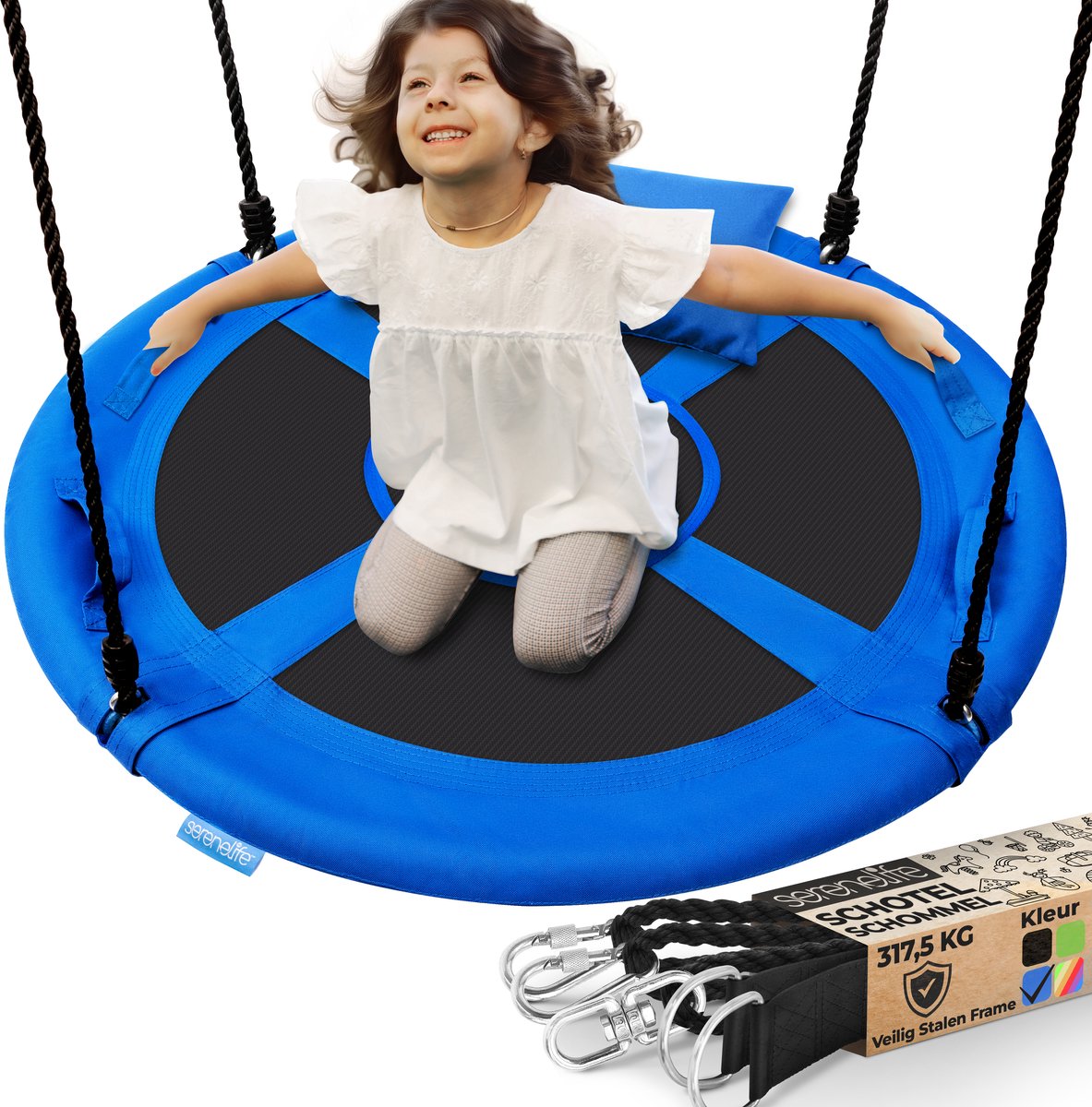 SereneLife Nestschommel 102 cm – Buitenschommel met Ophangset, 360° Draaischarnier & Kussen – Weerbestendig, Waterafstotend, tot 317 kg