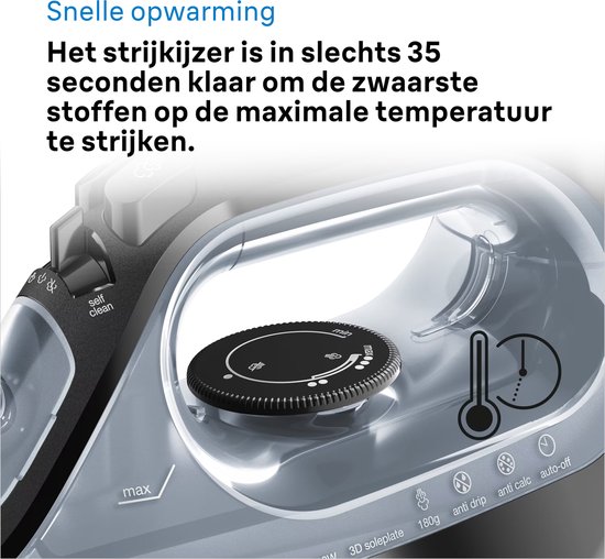 Het Braun TexStyle 3 stoomstrijkijzer met temperatuurregelaar en aanduiding voor snelle opwarming.
