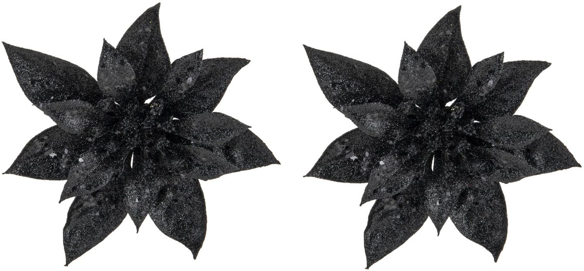 Cosy & Trendy Decoratie bloem - 2x stuks - kerstster - op clip - zwart - glitter -15 cm - kunststof - kerstversiering