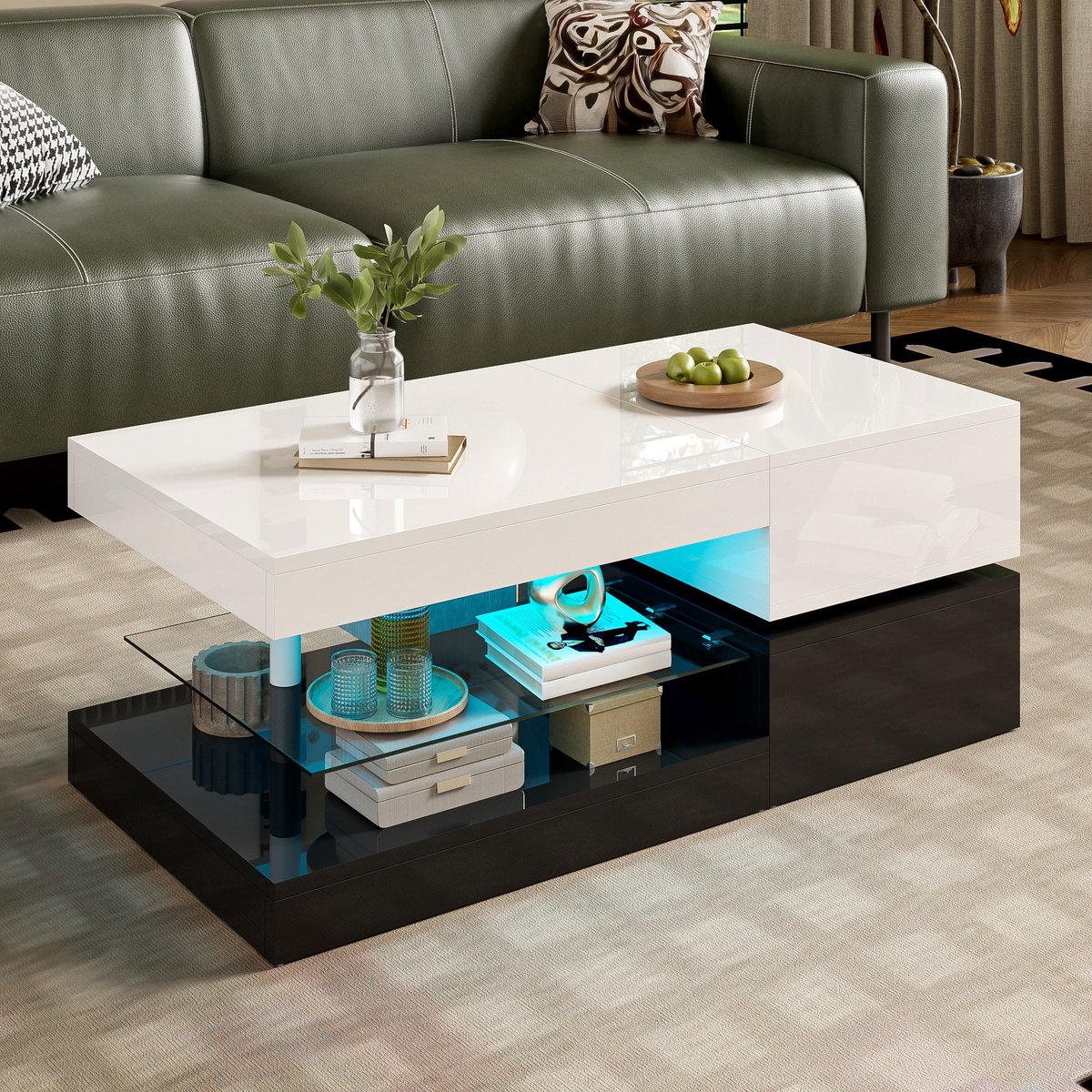 PHOEBE CAT Salontafel - 90x45x35.5 cm - LED-verlichting - Glazen planken - Hoogglans - Wit + Zwart