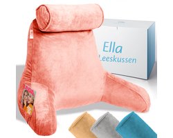Ella Leeskussen XL - Memory Foam Relax Kussen voor in Bed - Zitkussen met Nekrol & Onderrug Ondersteuning - Bookseat - Fluweel Koraal Roze