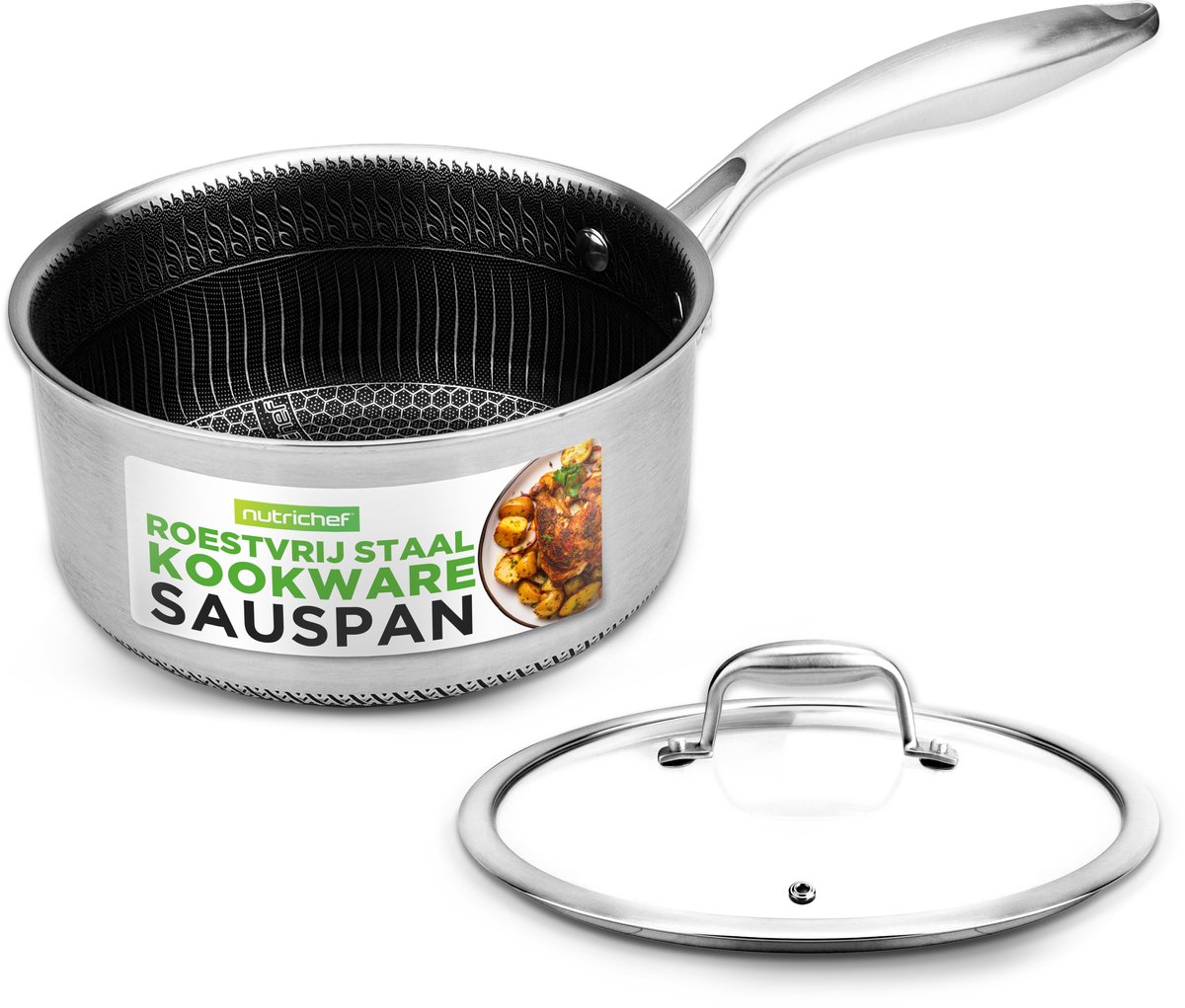 NutriChef Sauspan – RVS 2L Pan met Glazen Deksel & Krasbestendige Honingraat Antiaanbaklaag