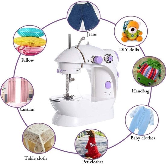 Mini-naaimachine voor beginners, elektrisch huishoudelijk handwerk, draagbare naaimachine met dubbele snelheid, met aanschuiftafel, licht, naaiset voor huishoudelijk gebruik