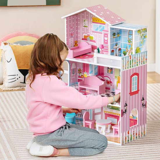 COSTWAY Houten Poppenhuis Met 3 Verdiepingen – 10 Meubels, 5 Kamers, Roze, Ideaal Voor Kinderen Vanaf 3 Jaar