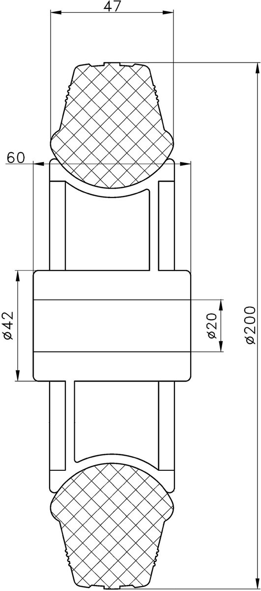 Wiel van 200 mm (8 inch) met grijze rubberen band en kunststof hart, draagvermogen 410 kg, set van 2