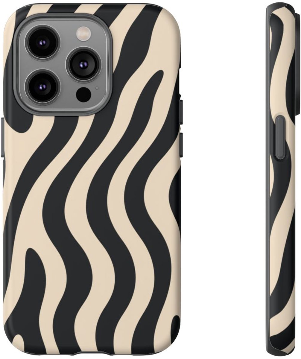 Zwart-Beige Abstracte Golvende Lijnen – Telefoonhoesje Geschikt voor iPhone 14 Pro