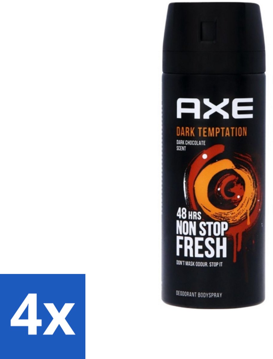 4 x Axe Deodorant Bodyspray Dark Temptation 150 ml - Axe Deodorant - Deodorant Bodyspray - Geurbeheersing - Donkere Chocolade - Kruiden