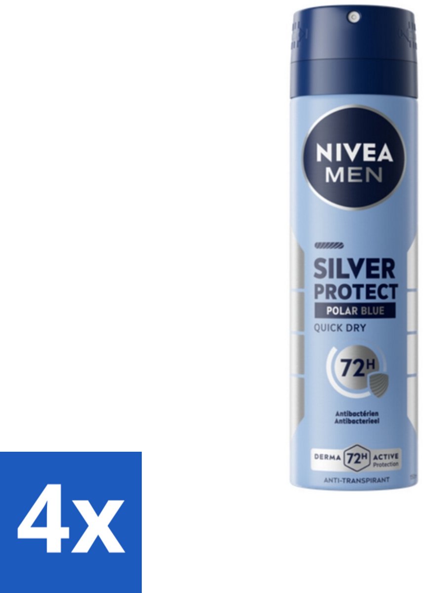 4 x Nivea - Men - Deodorant - Spray - Silver Protect Polar Blue - 150 ml - 72 Uur Bescherming - Zilverionen - Anti-transpirant - Deodorant Spray - Zweetgeur
