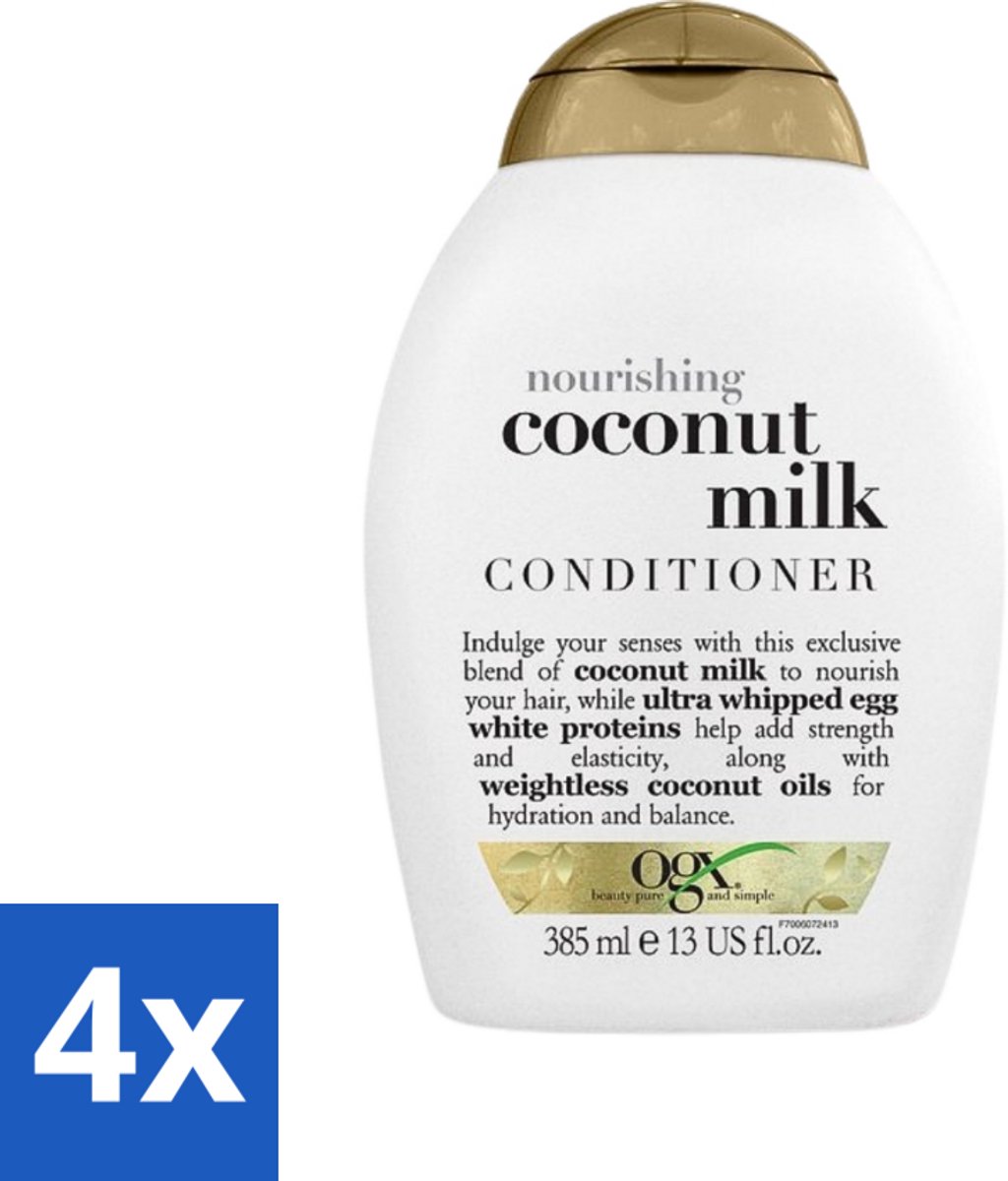 4 x OGX - Coconut Milk - Conditioner - Voedend - Herstel & Glans - 385 ml - Kokosmelk Conditioner - Voedend Haar - Haar Herstel - Droog Haar Verzorging - Kokosolie Haar