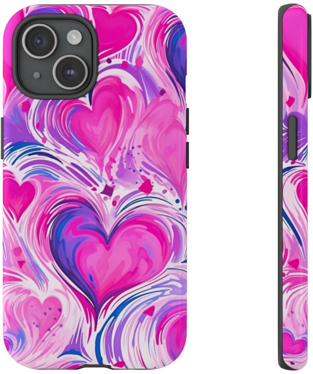 Roze en Paarse Hartjeswerveling – Telefoonhoesje Geschikt voor iPhone 15