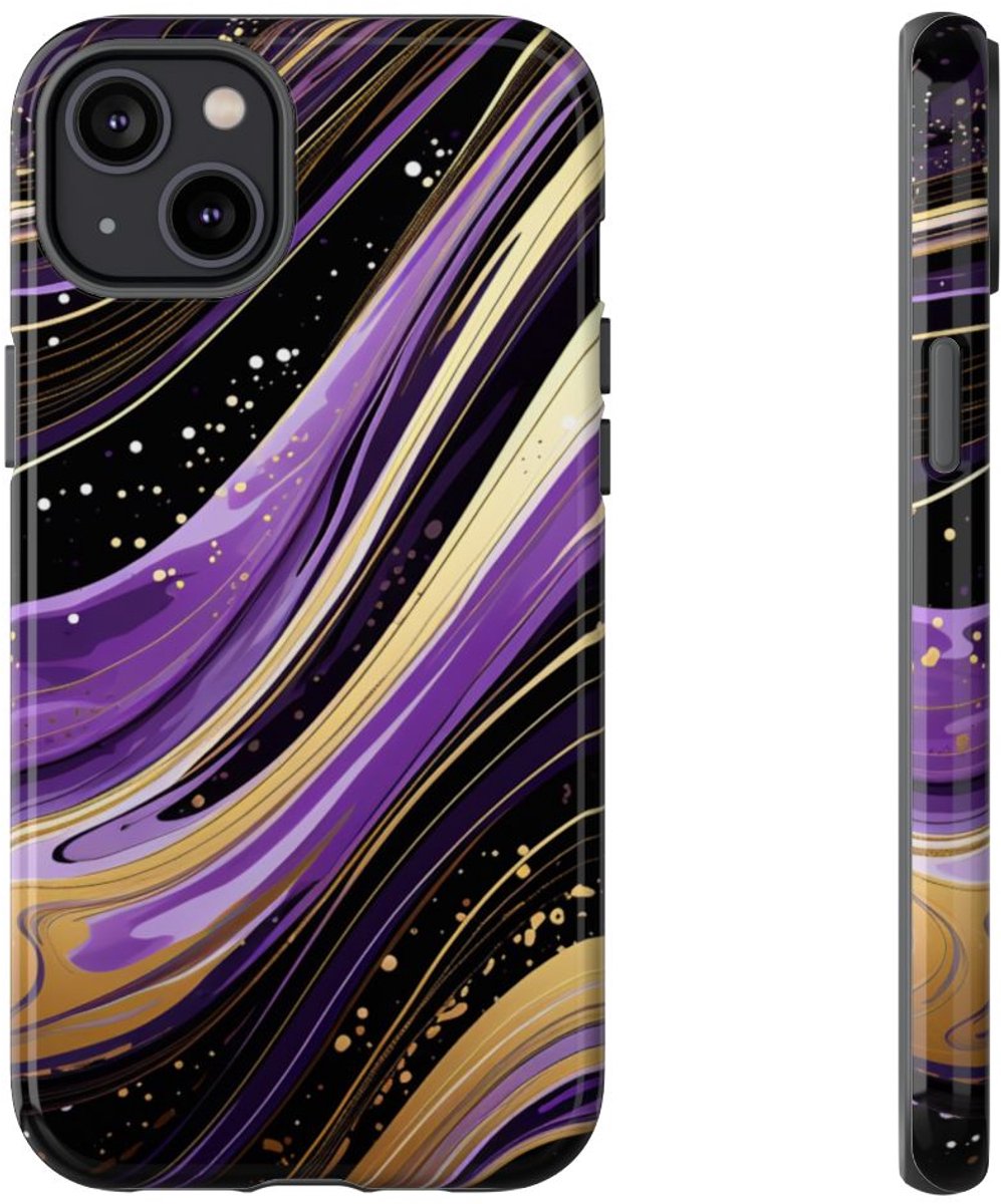 Paarse en Gouden Abstracte Krullen – Telefoonhoesje Geschikt voor iPhone 14 Plus