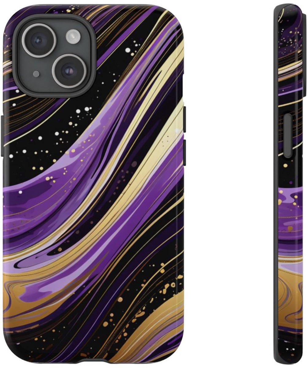 Paarse en Gouden Abstracte Krullen – Telefoonhoesje Geschikt voor iPhone 15