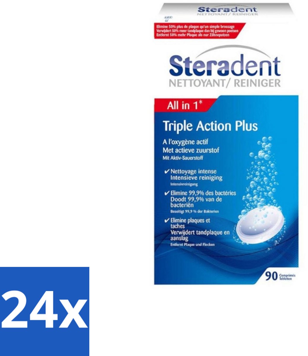 24 x Steradent Triple Action Plus Kunstgebit Reiniger 90 tabletten - Kunstgebit Reiniger - Kunstgebit Schoonmaken - Tandplak Verwijderen - Aanslag Verwijderen - Kunstgebit Desinfecteren