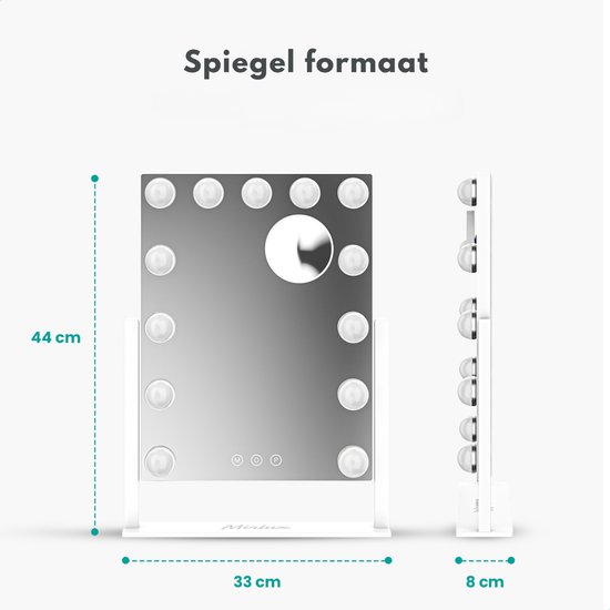 Make-up spiegel van 44x33x8 cm met 12 LED lampjes en een 5x zoom spiegel.