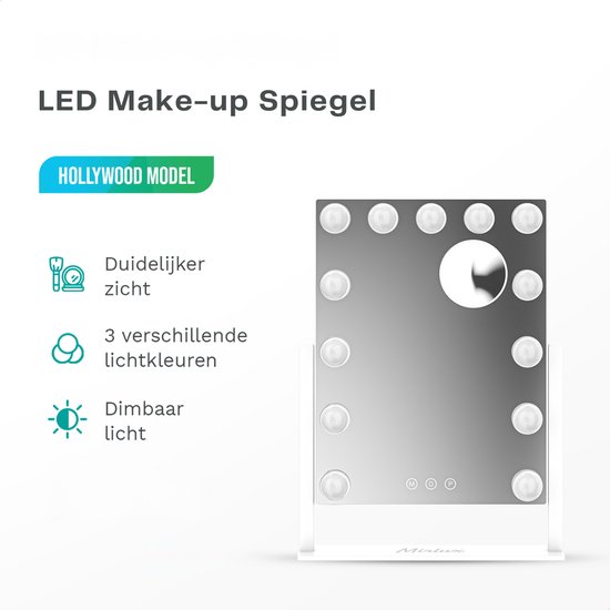 LED Make-up Spiegel Hollywood Model met 12 lampjes, dimbaar en 3 lichtkleuren.