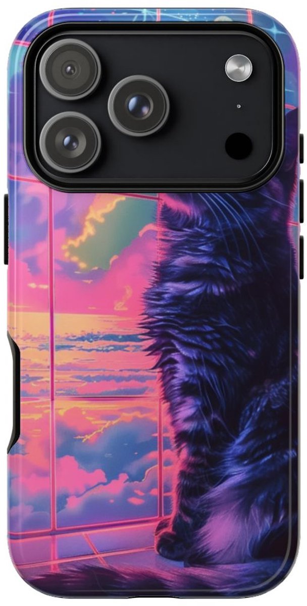 Lofi Vaporwave Kat met Neonlucht – Telefoonhoesje Geschikt voor iPhone 17 Pro