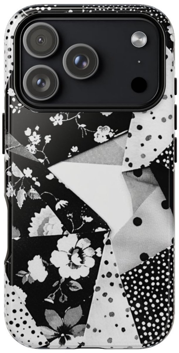 Monochrome Bloemen- en Polkadot Patchwork – Telefoonhoesje Geschikt voor iPhone 17 Pro