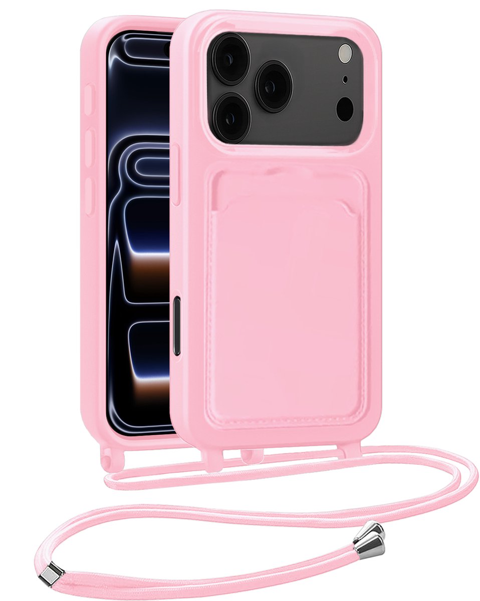 Hoesje Geschikt voor iPhone 17 Pro Max Hoesje Met Telefoonkoord en Pasjeshouder Siliconen - Hoes Geschikt voor iPhone 17 Pro Max Hoesje Met Kaarthouder Case - Lichtroze