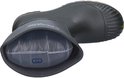 Bovenaanzicht in de schacht van een zwarte Dunlop laars met een plastic vulstuk erin.