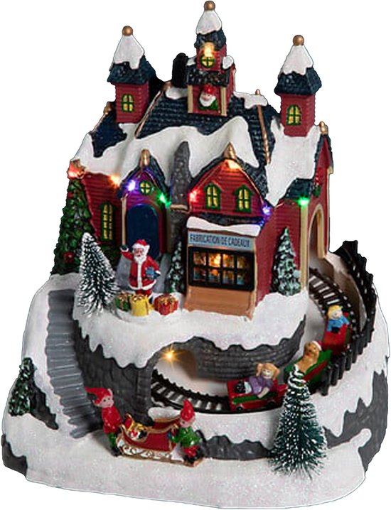 Feeric Lights & Christmas Kerstdorp kerst tafereel - werkplaats met muziek en beweging - met led verlichting - 21.5 cm