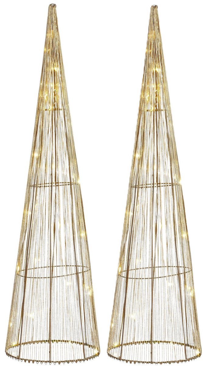 Mica Decorations LED kegel - 2x - kerstboom lamp - goud - polyester/metaal - H60 cm - kerstverlichting