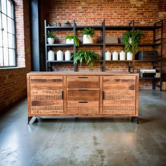 Commode Industrialhome Torino 190 x 45 x 85 cm - Bois de manguier brut et pieds luge en métal Zwart - Handgemaakt, Design industriel, avec tiroirs et Portes