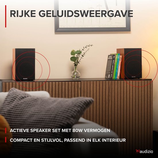HiFi stereo set - Audizio KS02 - Boekenplank speakers - Bluetooth - Houtlook - 80W van Audizio — afbeelding 3