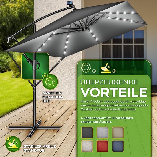 Parasol aluminium Tillvex® 330 cm – Rectangulaire – Rotatif à 360° – Avec LED, Protection UV50+, Déperlant – Avec manivelle, pied et protection contre le vent