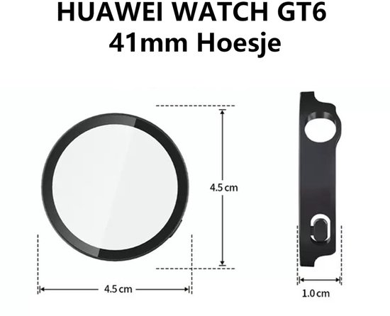 Afmetingen van een transparant hoesje met zwarte rand voor een Huawei Watch GT6 41mm.