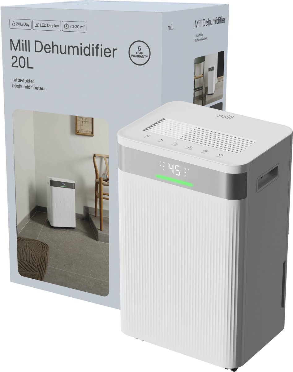Mill MDH20 luchtontvochtiger - tot 30m2 - 20 liter per dag - timer - 5 jaar garantie