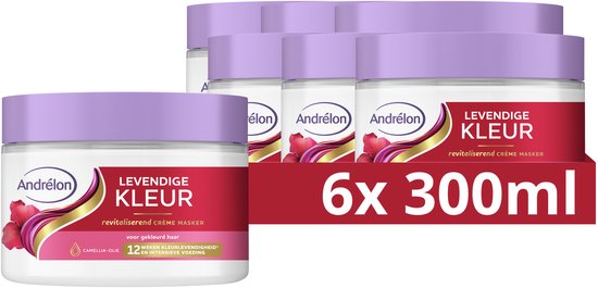 Zes potjes Andrélon Levendige Kleur haarmasker. Tekst: 6x 300ml.