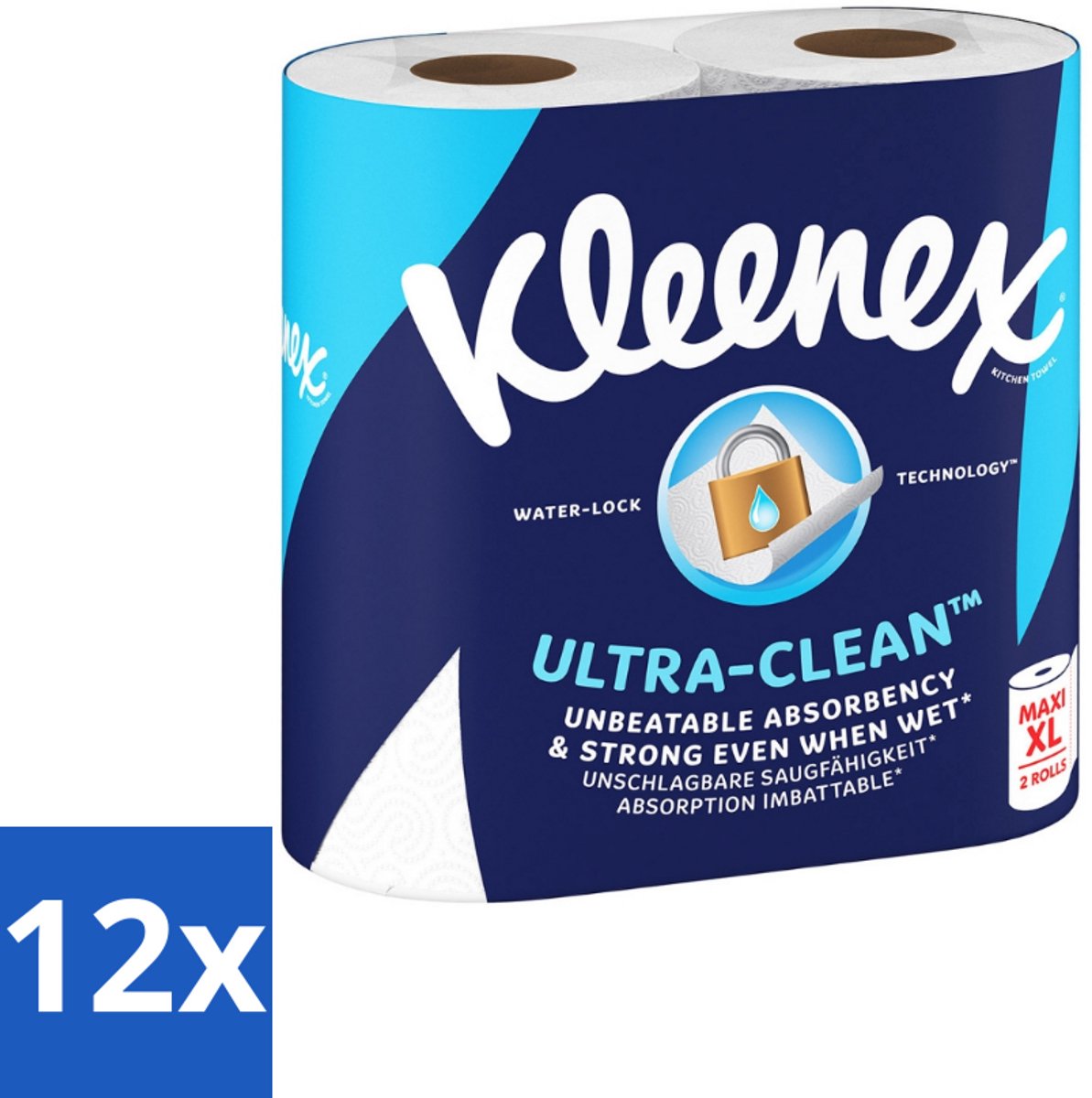 12 x Kleenex Keukenpapier Ultra Clean Maxi XL 2 stuks per verpakking - Keukenpapier - Papierhanddoek - Ultra Schoon - Maxi Rol - Absorptievermogen