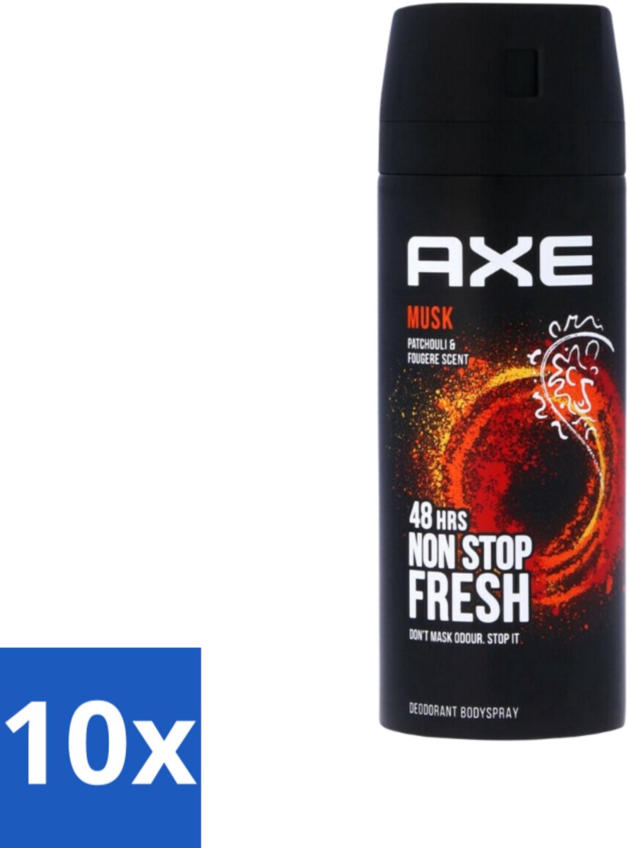 10 x Axe - Deodorant Bodyspray - 48hrs Fresh - Musk - Patchouli & Fougere - 150 ml - 48 Uur Geurbescherming - Deodorant Sprayer - Zinktechnologie - Geur Van Musk - Geur Van Patchouli