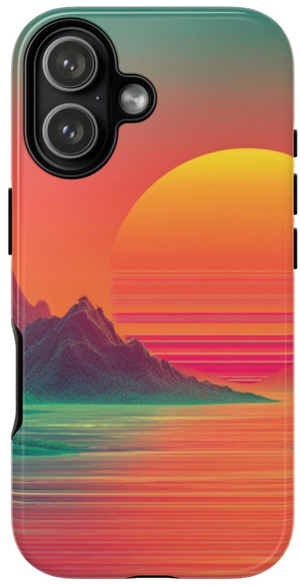 Neon Zonsondergang met Bergen en Zee – Telefoonhoesje Geschikt voor iPhone 17