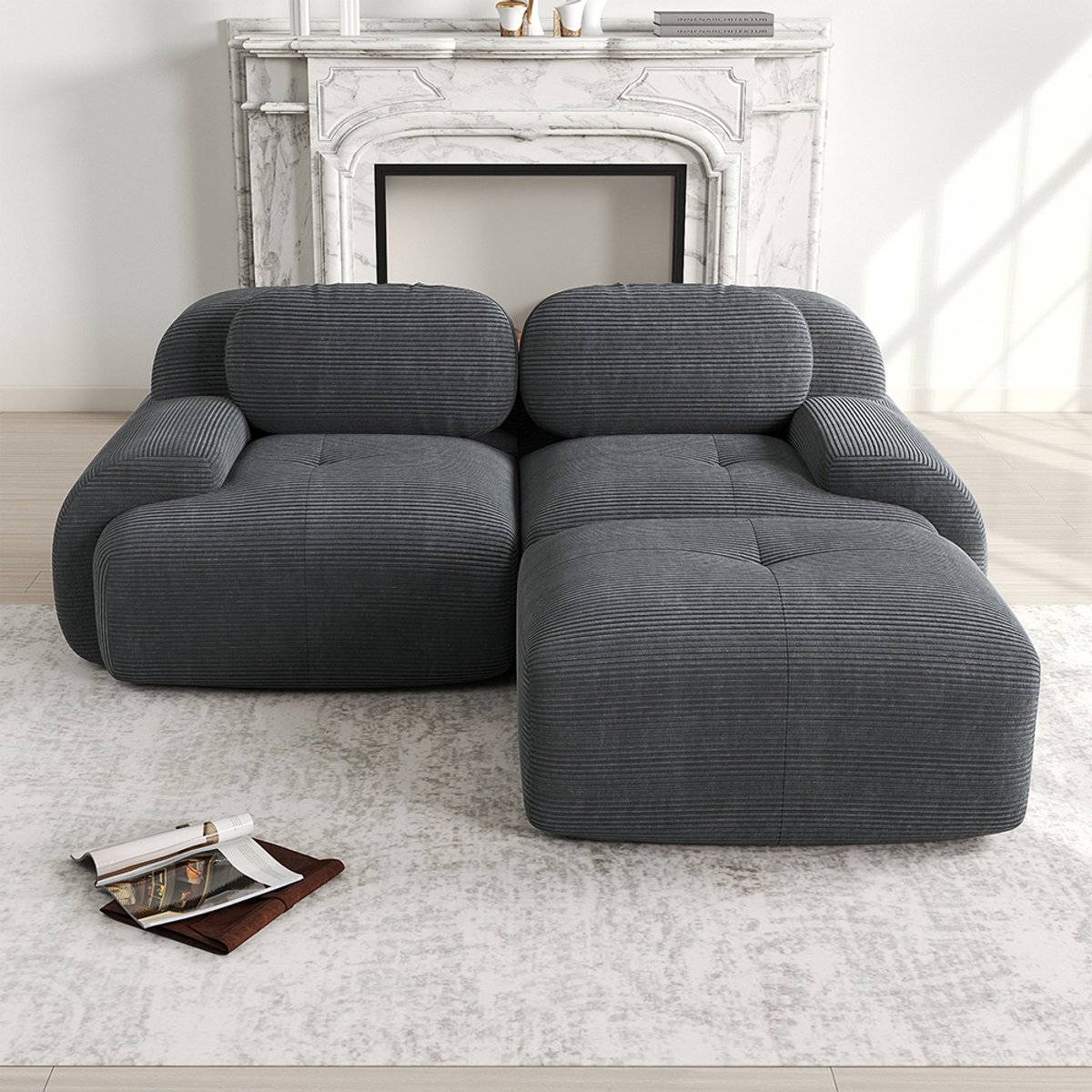 KOMHTOM BLACKCOLORS Hoekbank 82'' van zacht corduroy, modulair te combineren met gebogen armleuningen, zonder montage, hoogelastische schuimvulling voor de woonkamer, ontspanningsruimtes en slaapkamer, grijs Gris