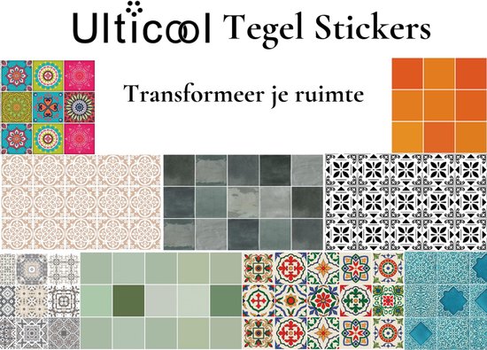 Mosaïque de différents modèles d'autocollants de carreaux Ulticool avec des motifs et des couleurs.