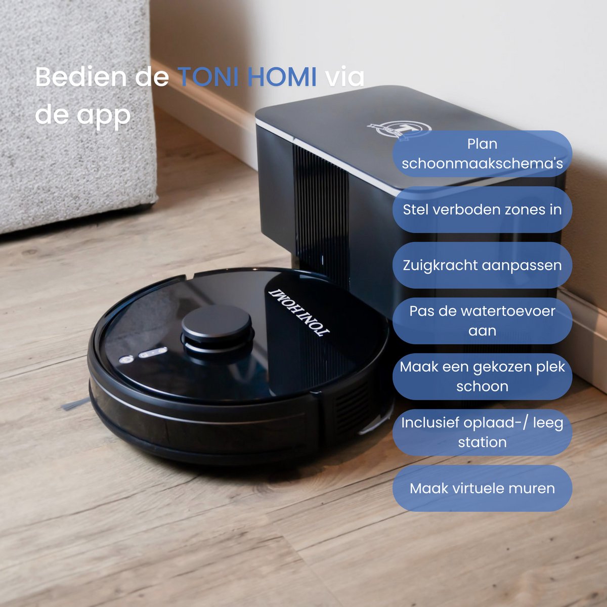 Afbeelding 2 van TONIHOMI® Q8- Robotstofzuiger met dweilfunctie - Automatisch legen - Robotstofzuiger met laadstation - LDS Laser navigatie - Met app - Zwart