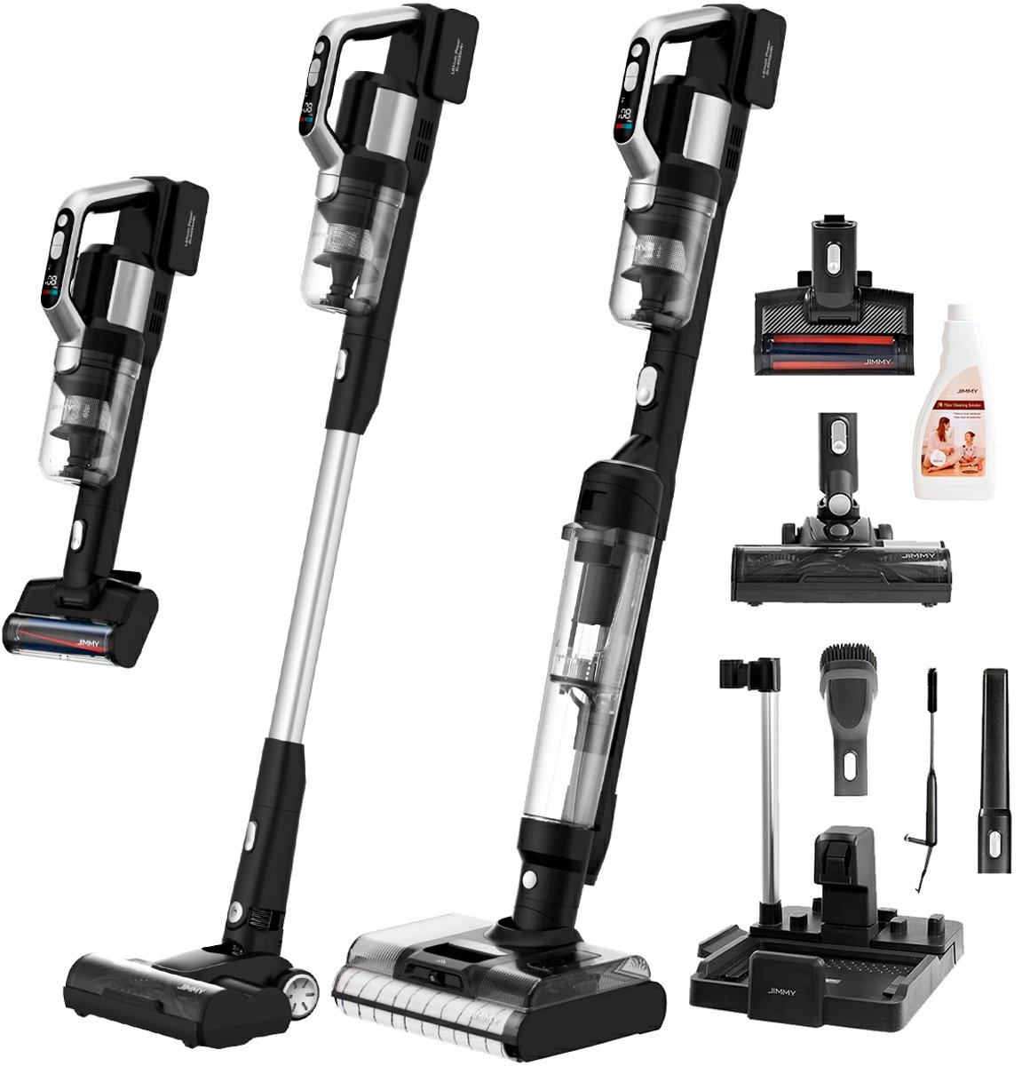 JIMMY PW11 Pro Max 5-in-1 Snoerloze Stofzuiger & Wasmachine, 460W Sterk Vermogen, Dubbele Reiniging, Hete Lucht Sneldroog,LED Scherm, 180° Plat Opleggen Ontwerp, Dubbele Rolborstels, Voor Harde Vloeren, Zilver-Zwarte Kleur