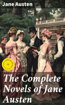Boekcover van 'The Complete Novels of Jane Austen' met een illustratie van vier dames en twee heren in Victoriaanse kledij, met een kasteel en boekenplanken op de achtergrond.
