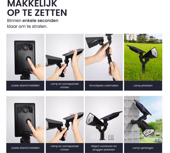 Makkelijk op te zetten: 8 stappen voor de juiste stand, richten, grondspies vastmaken, plaatsen of ophangen.