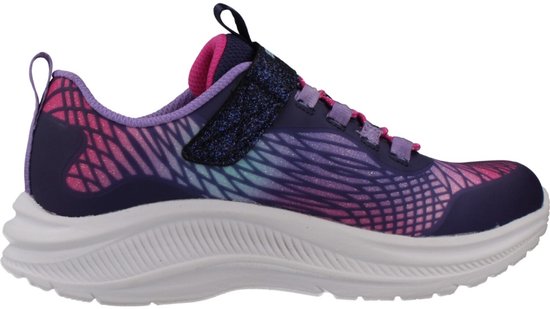 Navy sneaker met paarse, roze en turquoise glinsterende lijnen en een klittenbandsluiting.