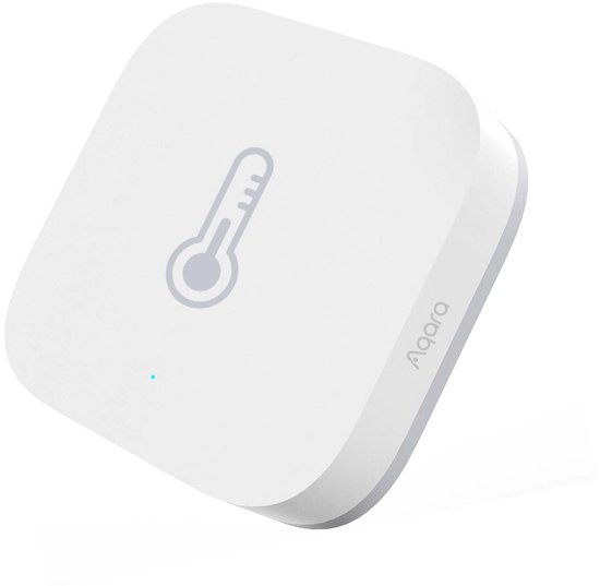 Witte, vierkante sensor met thermometer-icoon, merknaam 'Aqara' en een blauw lampje.