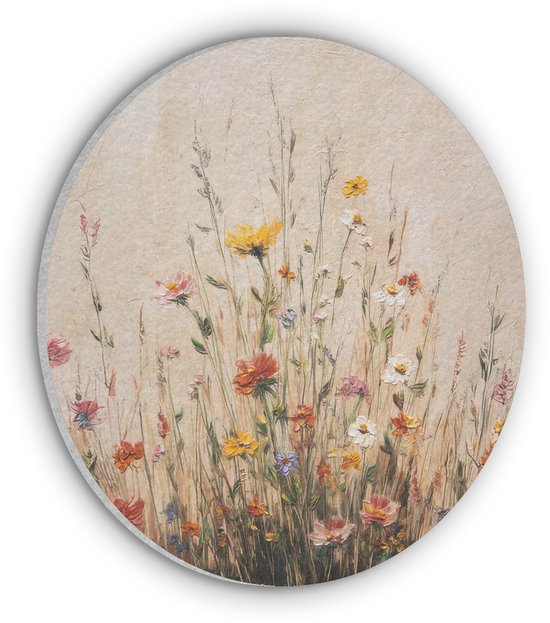 Akoestisch wandpaneel rond 90x90 cm - Vilt schilderij Wilde bloemen - Penseelstreken - Rustgevend - Ronde akoestische panelen - Geluidsdempende wanddecoratie - Geluidsisolatie wandcirkel - Muurdecoratie geluidspanelen