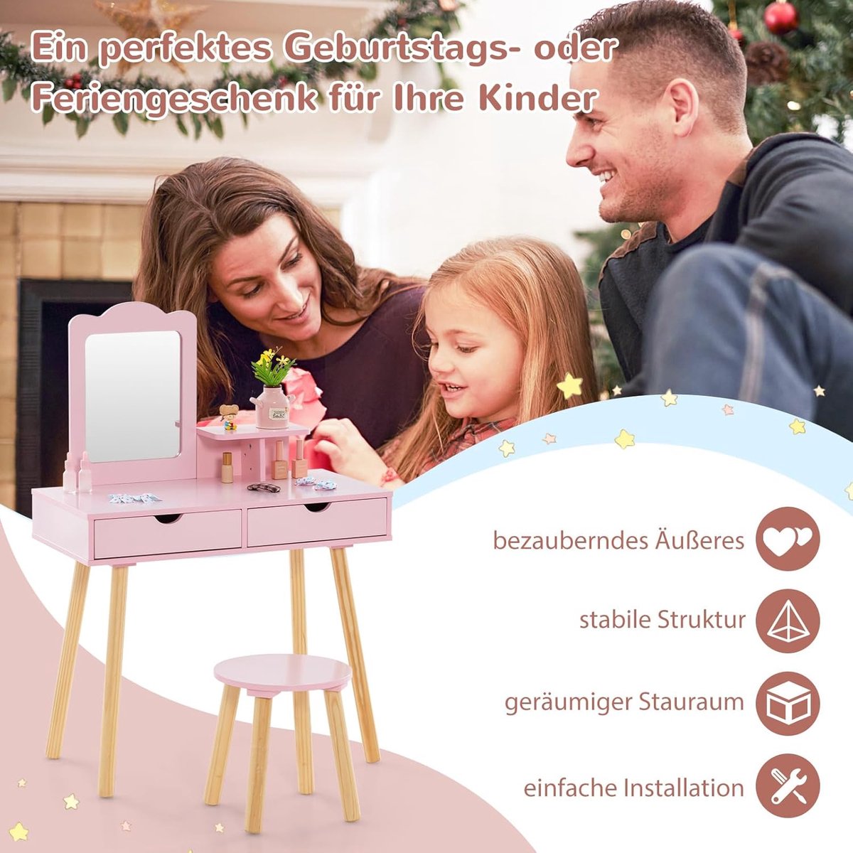 Costway Kaptafel & Bureau voor meisje 3-7 jaar - Roze met spiegel en 2 laden — afbeelding 9